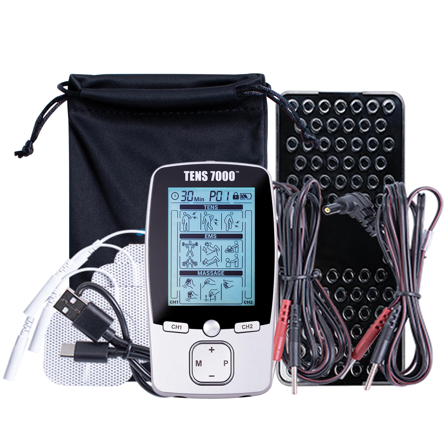 TENS 7000 3-in-1 Combo TENS Unit Muscle Stimulator, Back Pain Relief, Sciatica, Neck, Shoulder, Muscle Pain, Electronic Pulse Massage, 36 Customizable Programs, 4 Electrode Pads