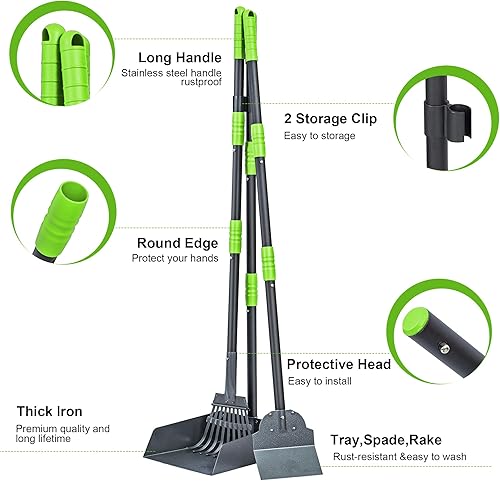 Miniatura 2 de Niubya Recogedor de excrementos para perros, bandeja de metal para recoger excrementos y rastrillo, pala para excrementos con mango largo ajustable,