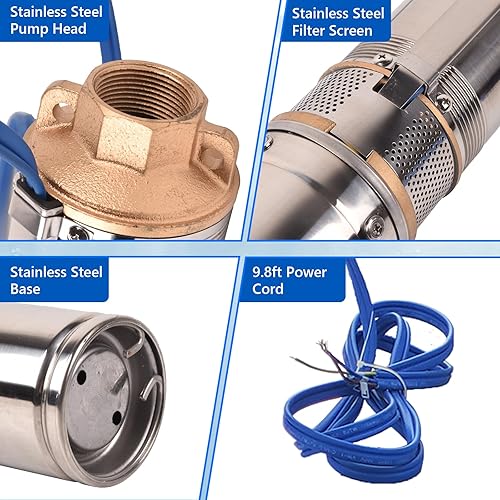 Miniatura 5 de LFGUD Bomba sumergible de pozo profundo, flujo de 1 HP 33 gpm con cable eléctrico de 9.8 pies, bomba de orificio sumergible de 4 pulgadas de