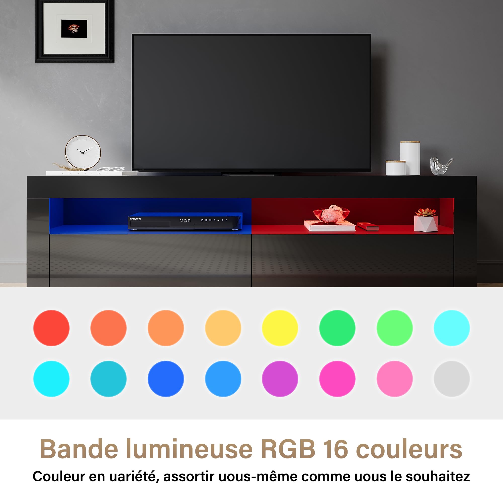 SIRHONA Meuble TV Noir, Meuble Tele avec LED, Éclairage LED RGB avec Couleur réglable, 2 Placards avec Portes, 160x40x45cm, Convient pour Salon ou Chambre