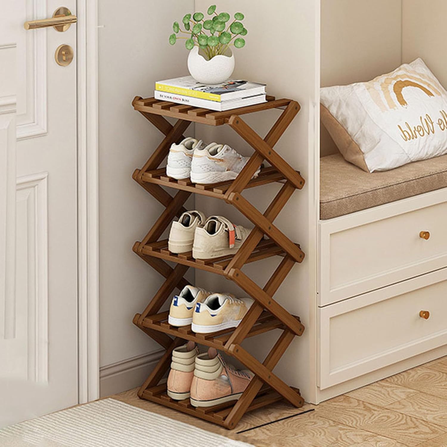Étagère à chaussures pliable 5 étages YYW petit meuble de rangement fauve