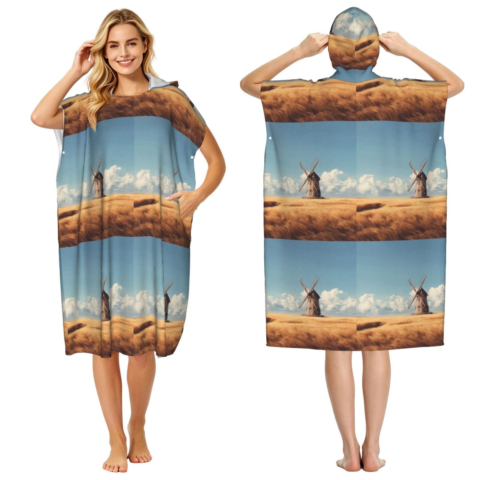 Poncho à capuche en microfibre avec motif imprimé de moulin à vent pour adulte