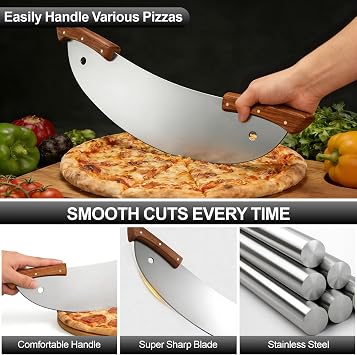 20-Inch Pizza Rocker Blade Cutter, Stainless Steel with Double Wooden Handles, Professional Pizza Slicer (Silver)