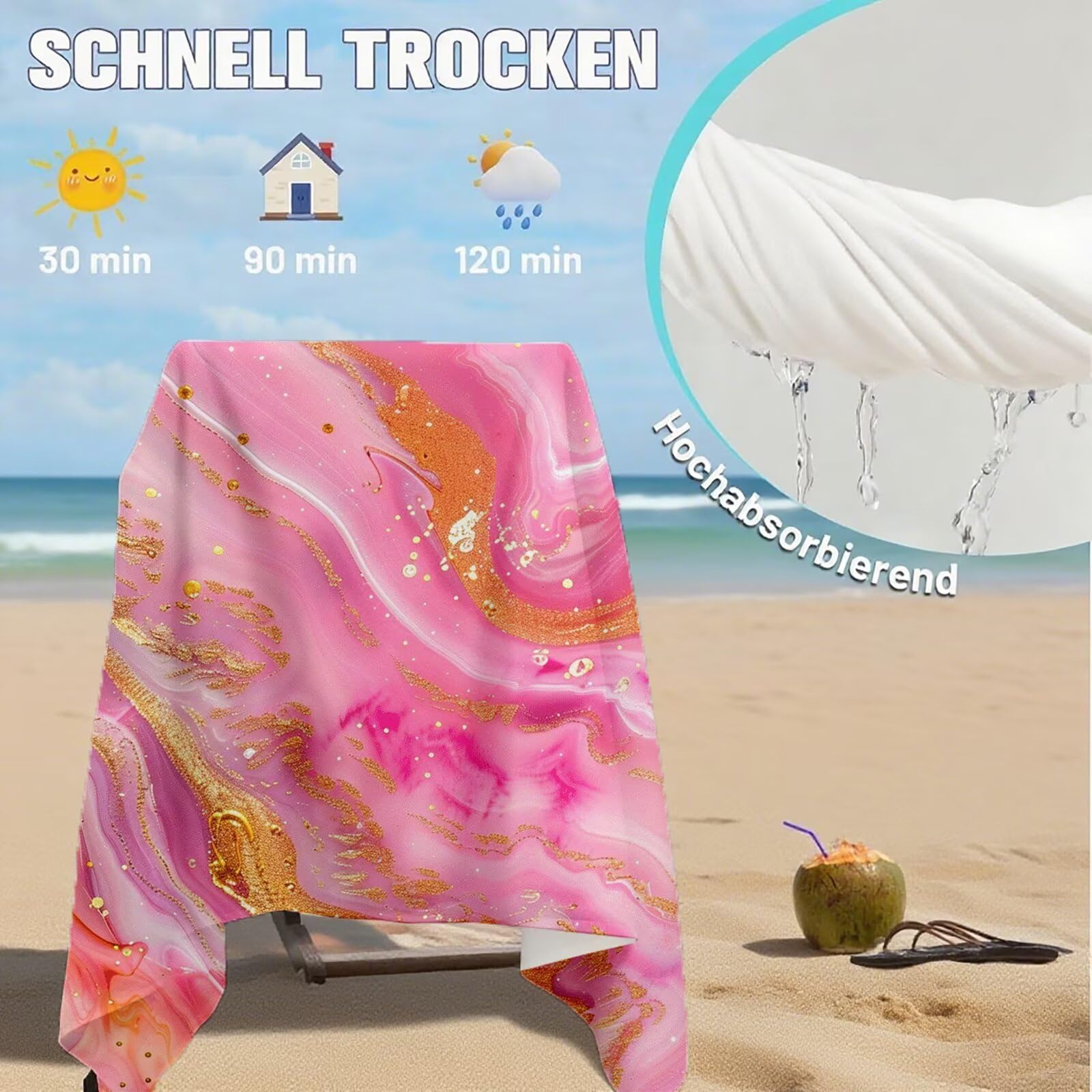 Serviette Plage Rose Motif, Serviette de Plage XXL 100x180 avec Sac, Serviettes de Bain Microfibre Séchage Rapide Anti-Sable Absorbante Fonction pour Bain, Sport, Voyages, Sauna, Piscine Q-649
