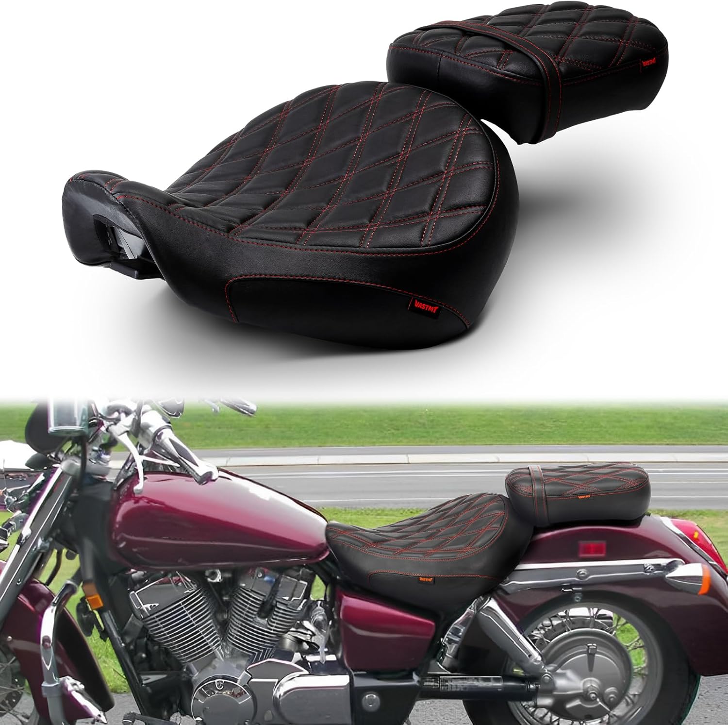 Motorcycle Driver Passenger Seat with Diamond Pattern Stitching Compatible with Shadow Aero VT750C 2004-2024