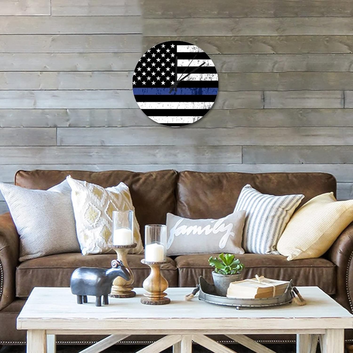 12 Inch Retro Vintage Thin Blue Line Black American Flag Wall Clock Silent & Non-Ticking Honoring Law Enforcement Officers Decorative Clock Round Clock for Home Office