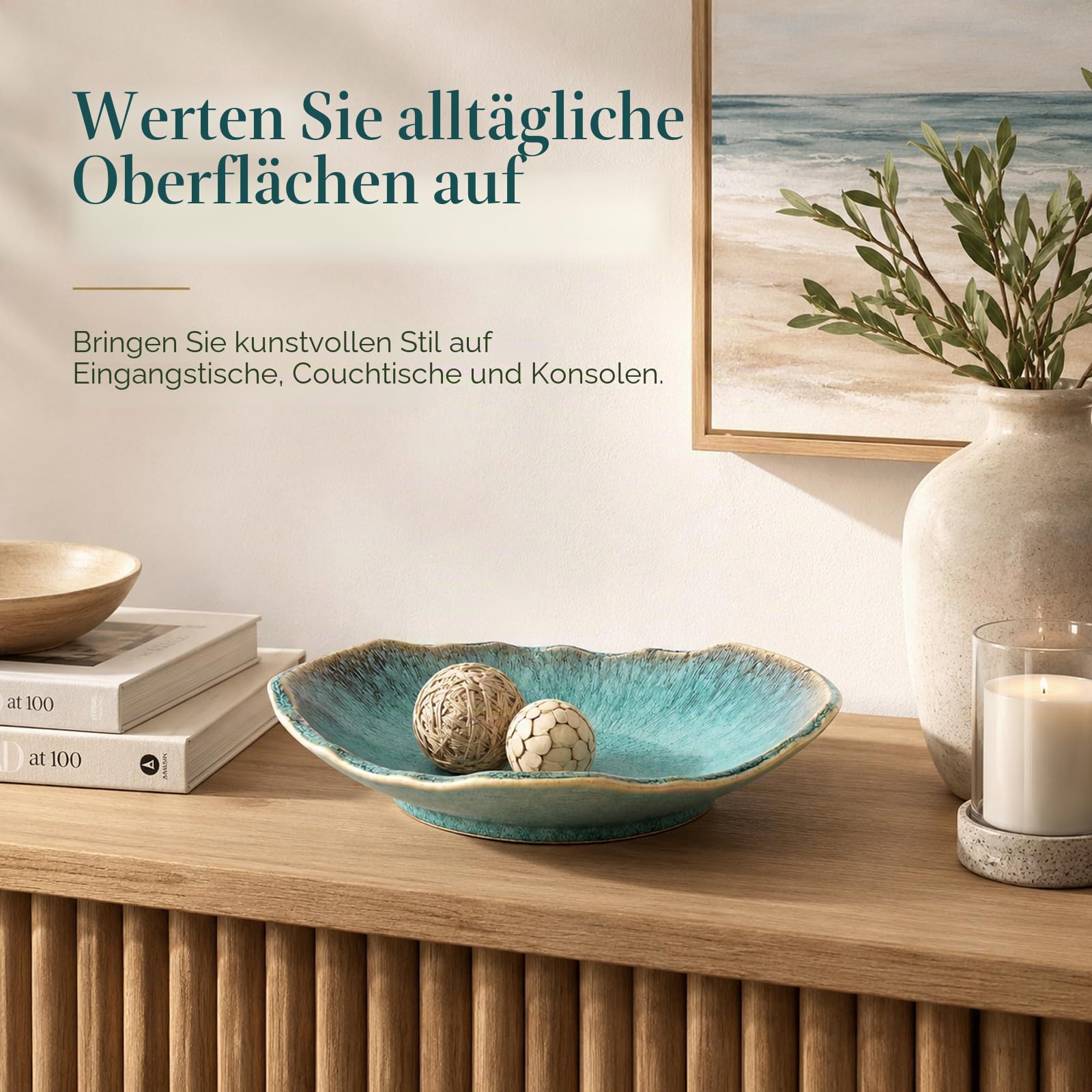 Grüne dekorative Keramikschale – 30,5 cm Obstschale, Süßigkeitenschale, Schlüsselschale für Eingangstisch, Schmuckschale, Ringschale, Schmucktablett, Porzellan-Sammelschale für Küche, Nachttisch