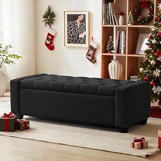 48" Ottoman with Storage, Black Storage Ottoman Bench with Safety Hinge, Upholstered Entryway Bench with Seating for Bedroom, Living Room, Holds up to 330 lb