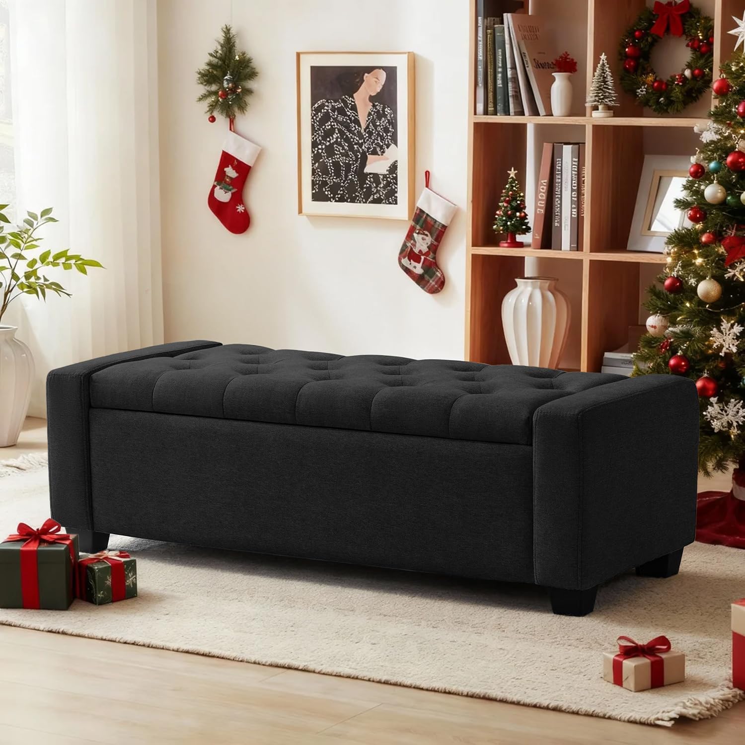 48" Ottoman with Storage, Black Storage Ottoman Bench with Safety Hinge, Upholstered Entryway Bench with Seating for Bedroom, Living Room, Holds up to 330 lb