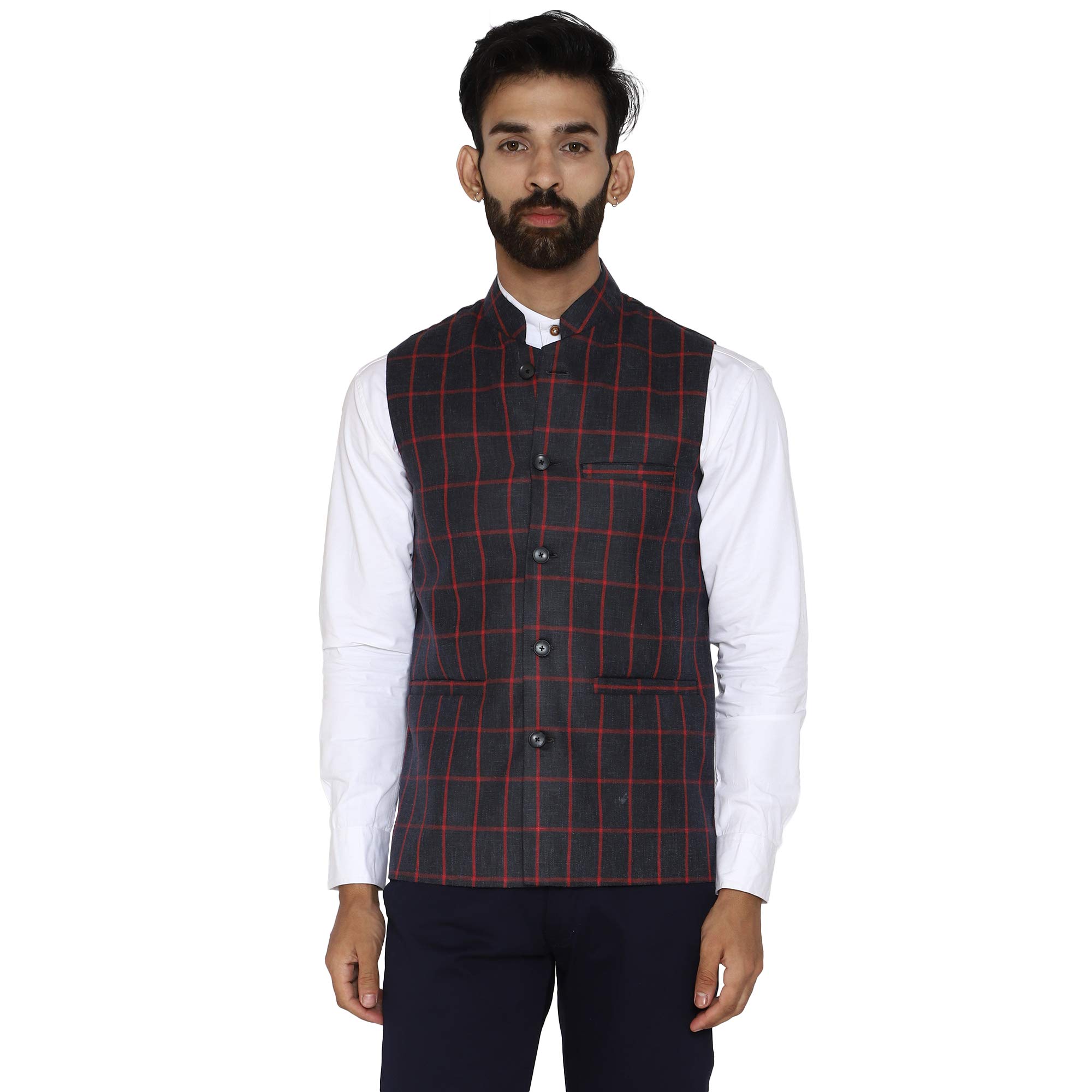 essentiele Men's Grey Red Checkered Wool Bandhgala Ethnic Nehru Jacket-picture-0