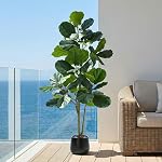 Artificial Fiddle Leaf Fig Tree:5FT Tall Faux Ficus Lyrata Plant Fake Fig Trees Realistic Green Silk Large Leaves with Natural Trunks & Pebbles in Black Planter for Indoor Outdoor Office Home