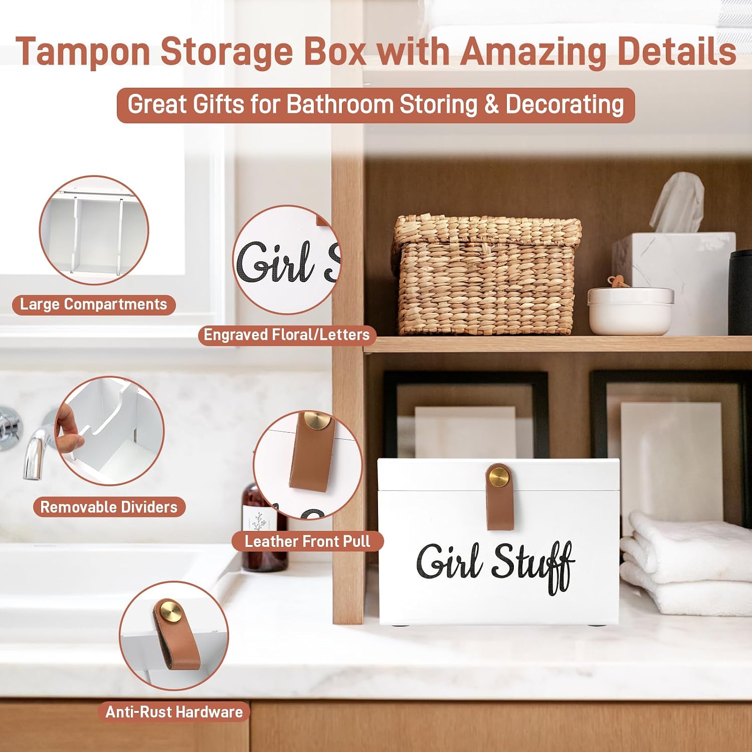 Wooden Girl Stuff Tampon Holder Box with Lid and Copper Leather Pull, Modern Bathroom Decorative Box for Feminine Product Storage and Accessories such as Tampons, Cotton Balls, Wipes, Gifts for Women