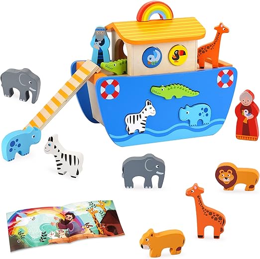 KMTJT Toddlers Wooden Noah's Ark Toy Animal Playset, Baptism Gifts for