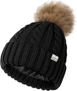 YANIBEST Womens Winter Beanie Hat Satin Lined Knitted Beanie Hat Warm Soft Ski Cuff Cap with Pom Pom