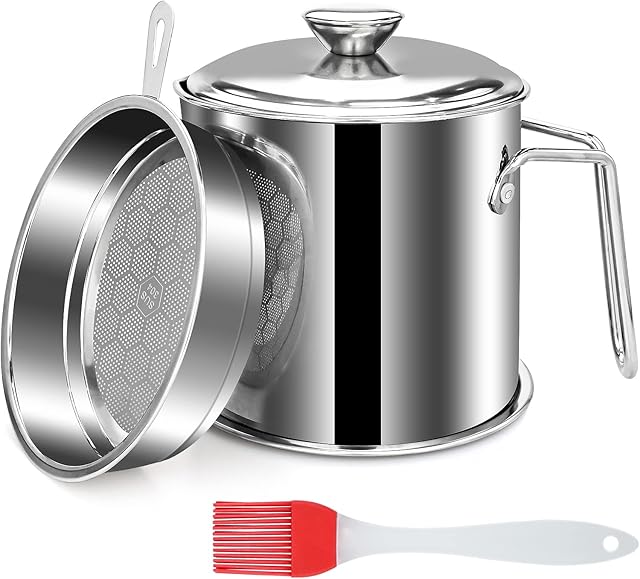1.3L Oil Strainer, Stainless Steel Cooking Oil Filter with Oli Brush, Oil Storage Can with Dustproof Lid Anti-Scalding for Filtering Oil Residue Storing Edible Oil