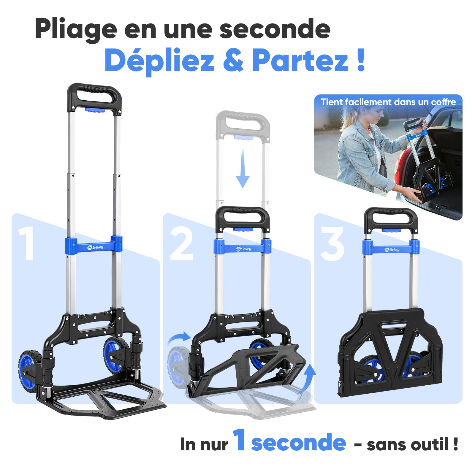 Sekey Diable Pliable et léger - Poids Net : Seulement 3,5 kg - Charge maximale : 80 kg - Hauteur réglable sur 3 Niveaux - Pliable en Quelques Secondes - Chariot Pliable en Aluminium avec Roues en TPR