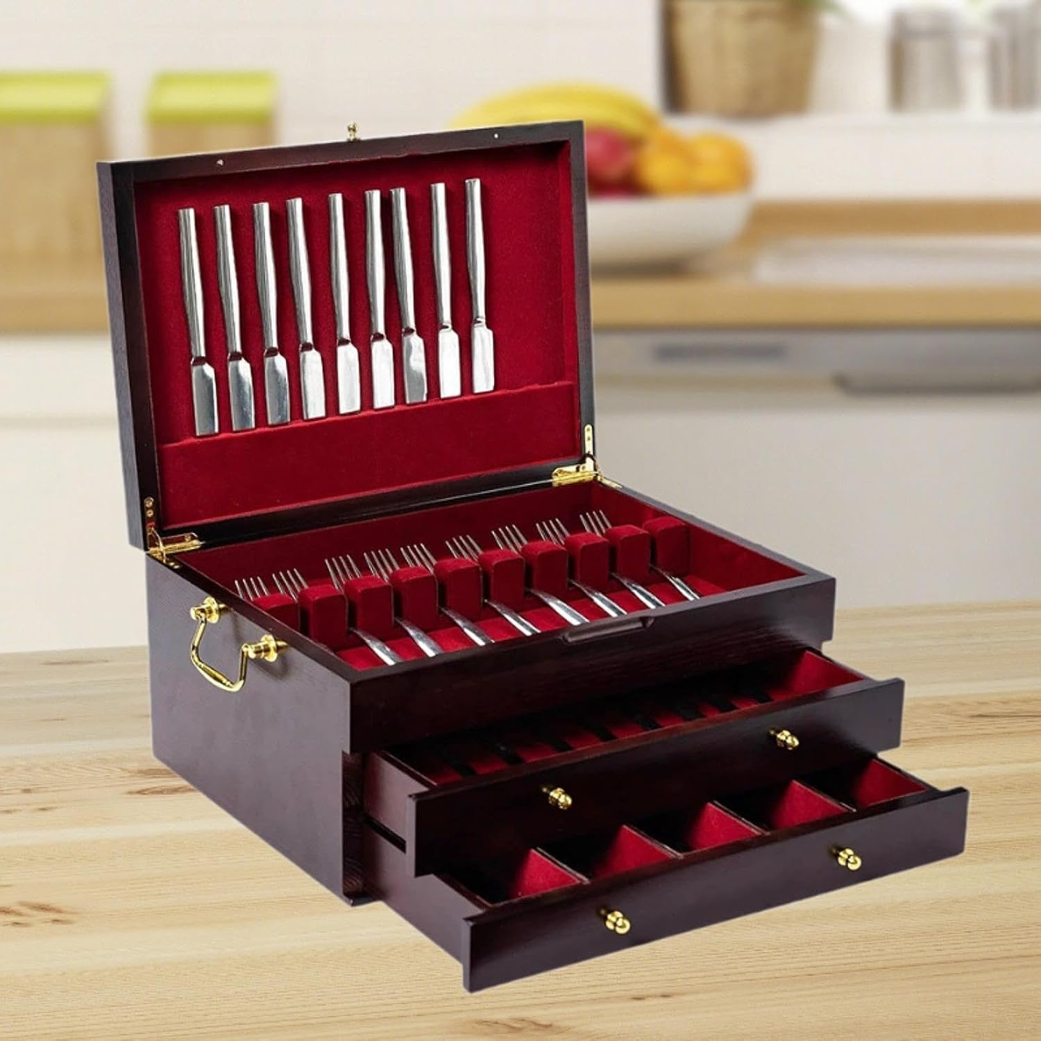 Silverware Storage Box Silverware Chest Multfiunctional Wood with Lid Three