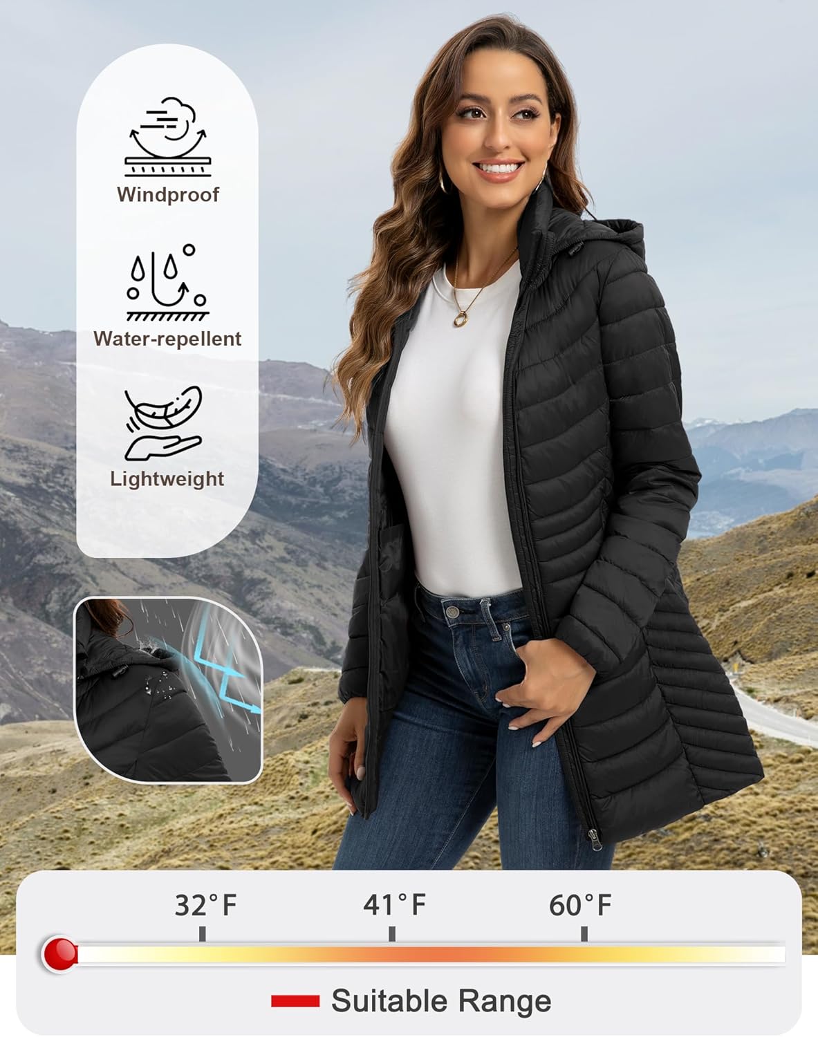 ROYAL MATRIX Packable Puffer Jacket for Women Hooded Lightweight Quilted Travel Long Puffer Coat with Pockets - Image 2