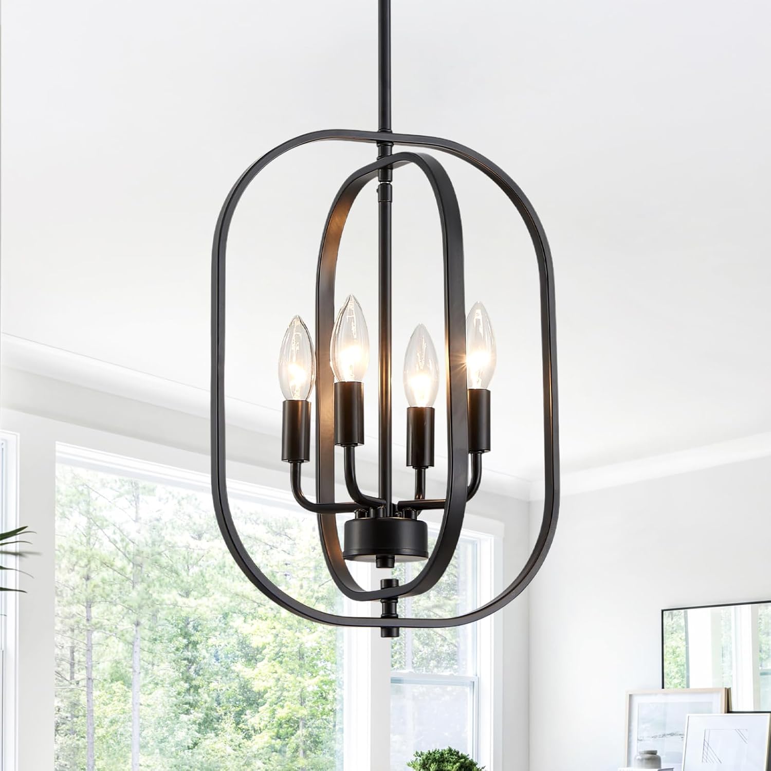 XINGQI Modern Chandeliers for Dining Room, 12.2" Farmhouse Rustic Geometric Pendant Lighting Fixture Metal Black 4-Light Ceiling Lamp for Entryway Bedroom Hallway Foyer Kitchen Office Bar
