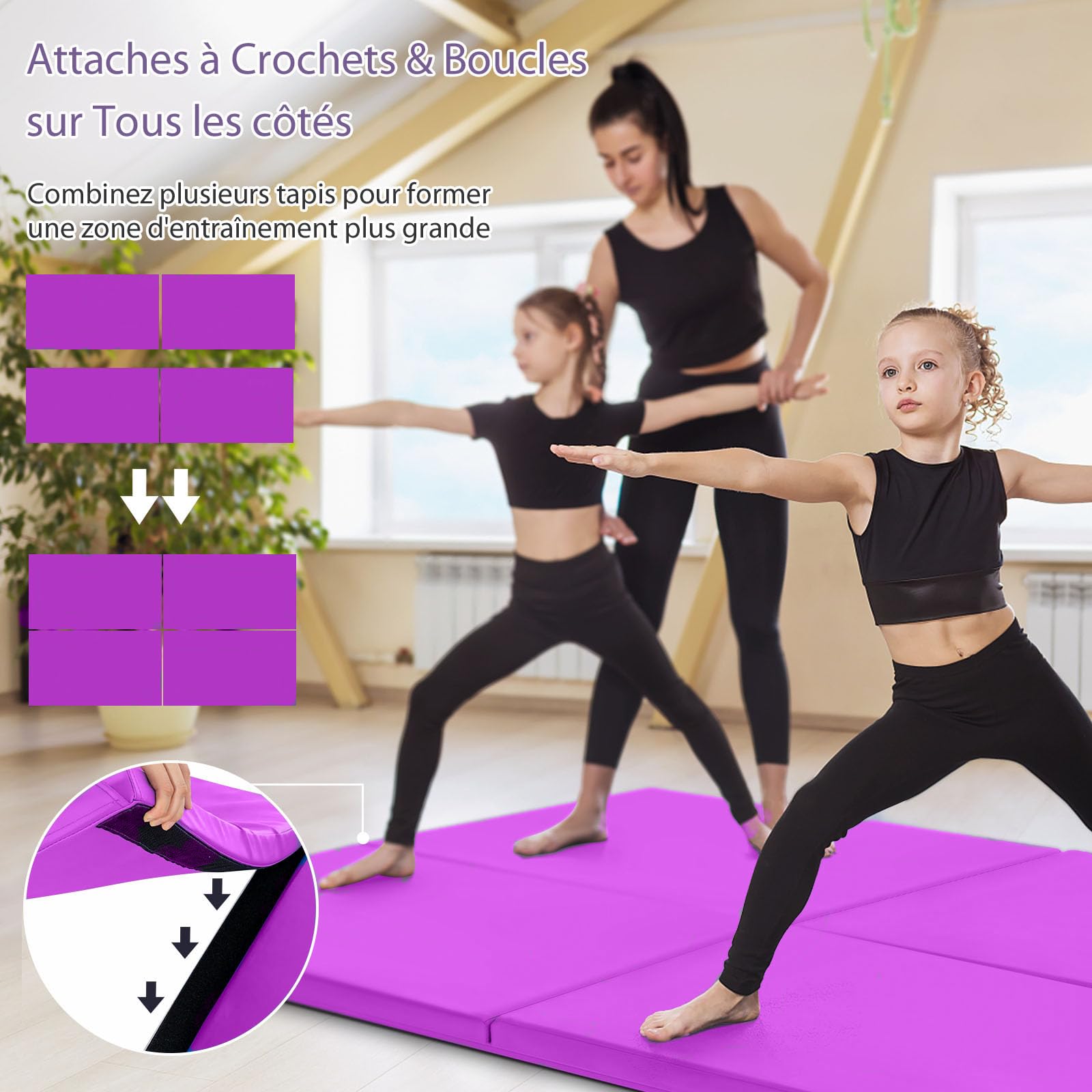GYMAX Tapis de Gymnastique Épais Pliable 180x60x5cm, Combinaisonable avec Attache Auto-Agrippante, Housse en Simili Cuir, Portable avec Poignées de Transport, pour Yoga Fitness Étirement (Violet Vif)