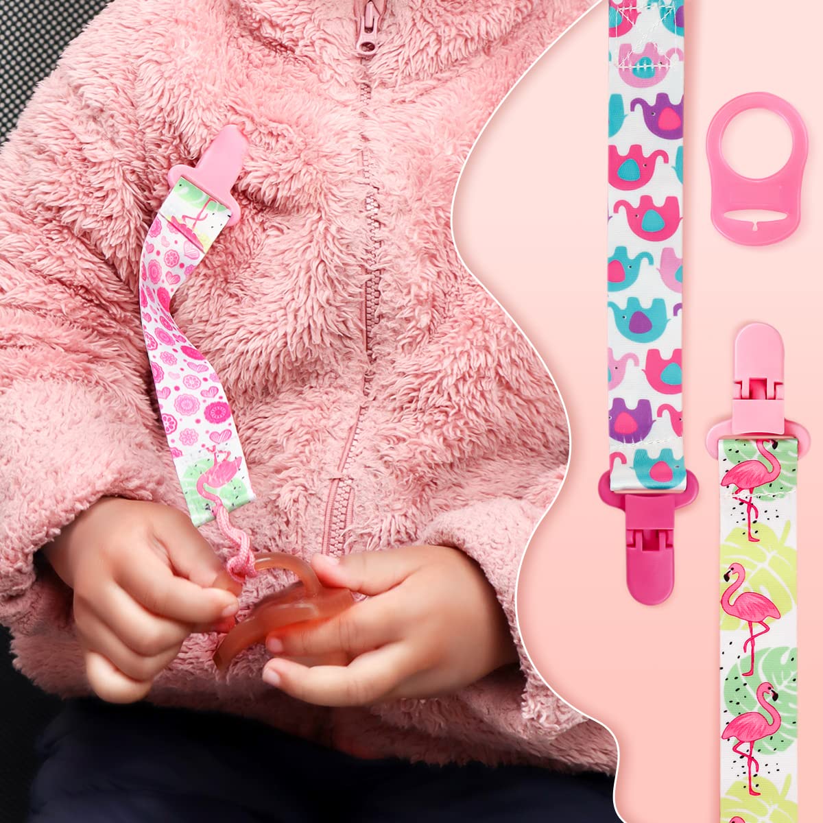 4 Pezzi Ciuccio Catena per Bambini, Catenella Porta Ciuccio con 4 Pezzi Ciuccio Clip Adattatore per Neonato per Nascita Battesimo Baby Compleanno Natale Regalo