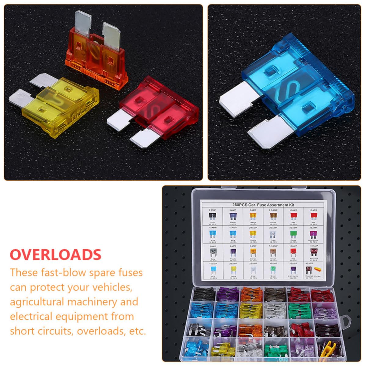 SECFOU 250pcs Car Fuse Assortment Kit with Fast-Blow Standard Fuses and Abs Storage Box, Zinc Alloy Material Protects Electrical Equipment from Short Circuits, for Cars and Trucks