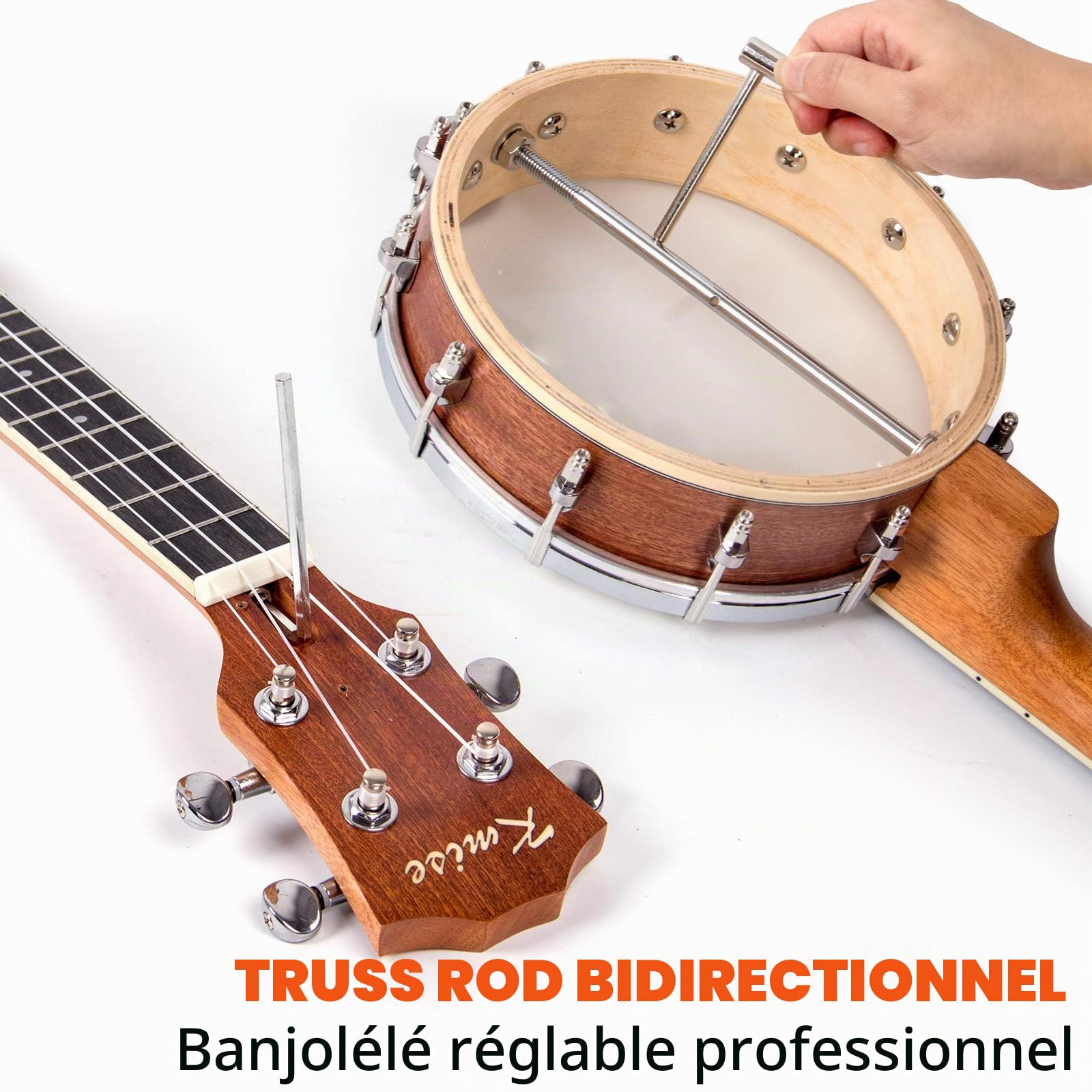 Kmise Ukulélé banjolele ténor 4 cordes 66 cm avec sac, accordeur, sangle, règle, clé à pont, jaune brunâtre