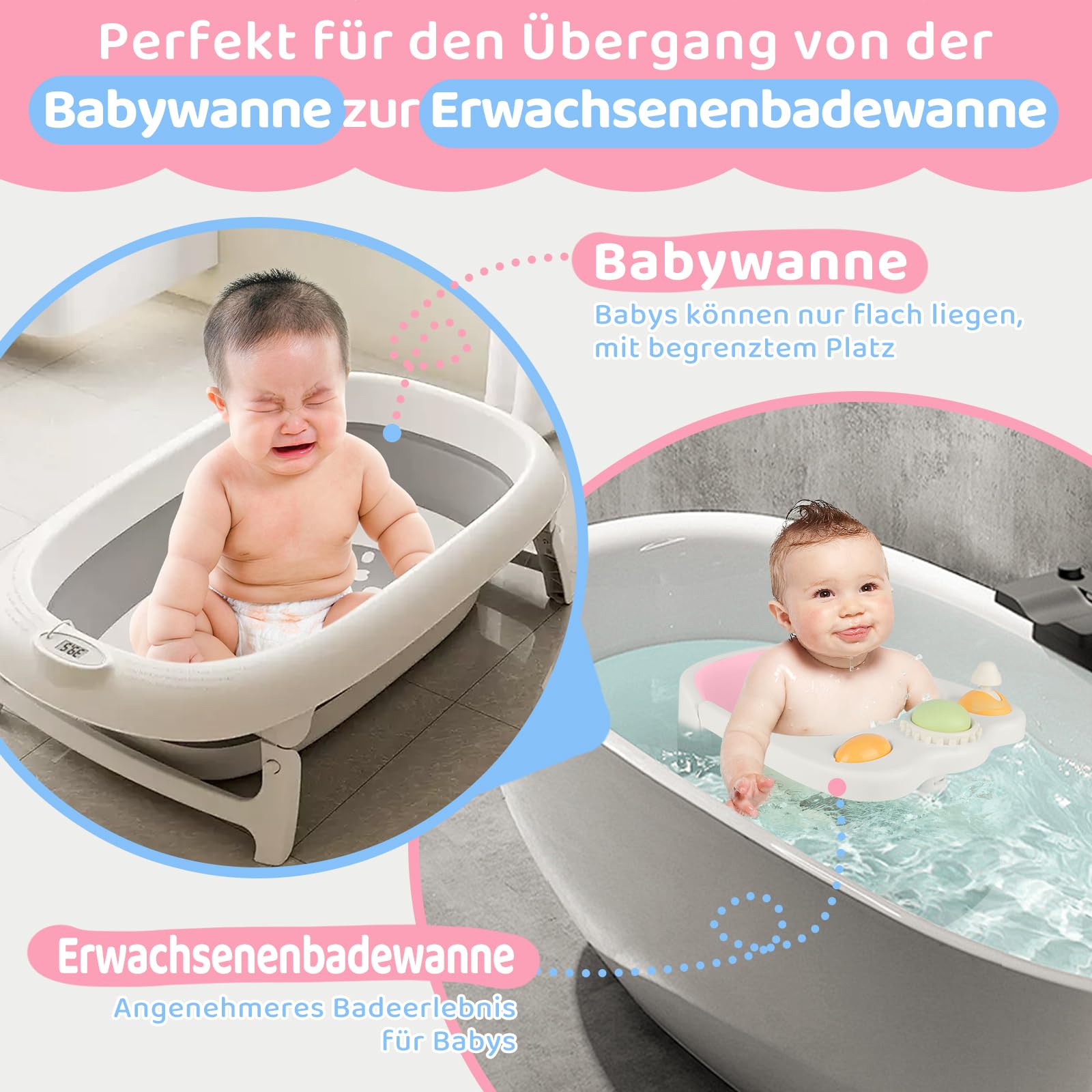 Aragallant Baby Badesitz ab 6 Monate, Badewannensitz mit 4-starken Saugnäpfen, Rutschfester Badesitz Baby mit Spielzeug, Sicherer Badstuhl für Kleinkinder (Rosa)