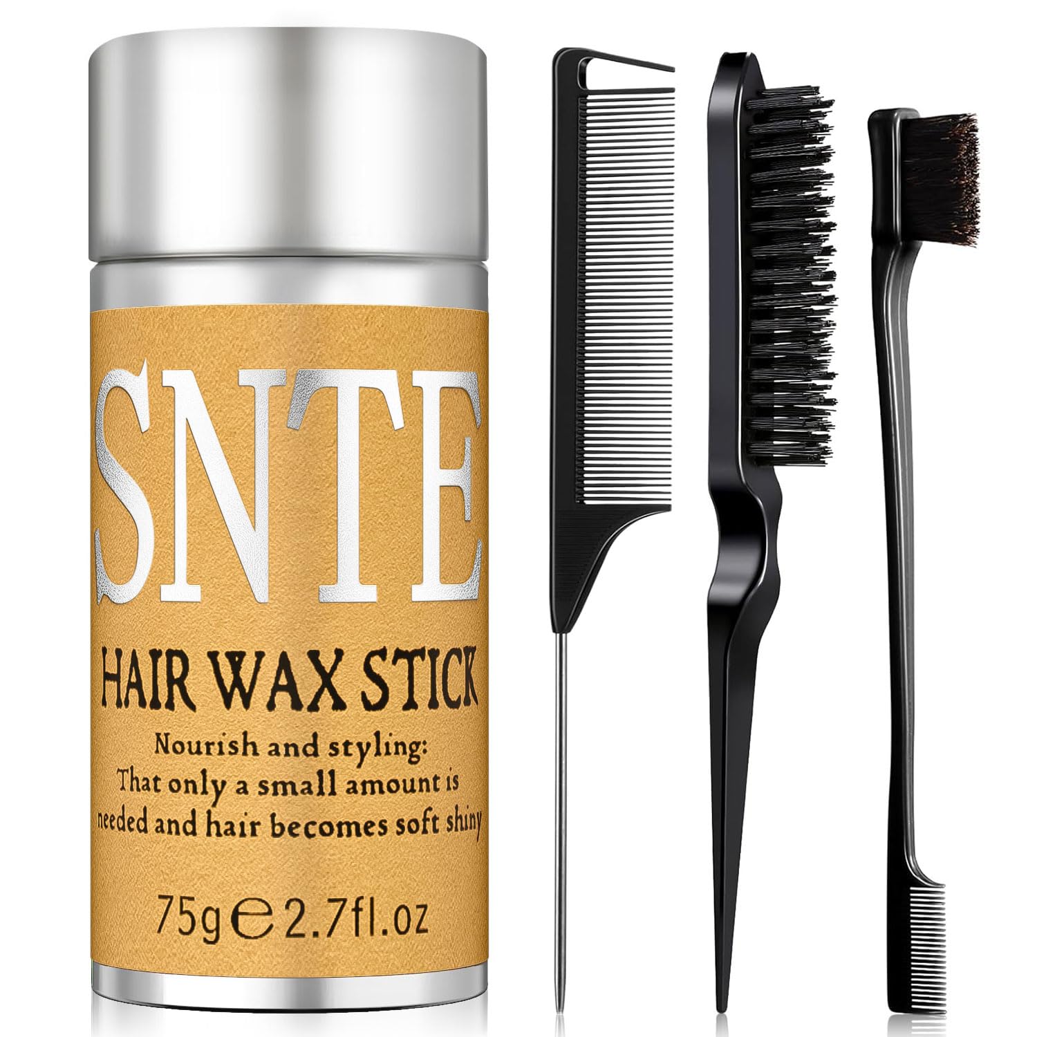 Slick Back Hair Brush & Hair Wax Stick Set - Tames Frizz & Smooths Flyaways - Sleek Ponytails, Buns, Edges - Styling Cream/Gel/Balm/Pomade Stick for Women - Styling Accessories for Girls & Kids