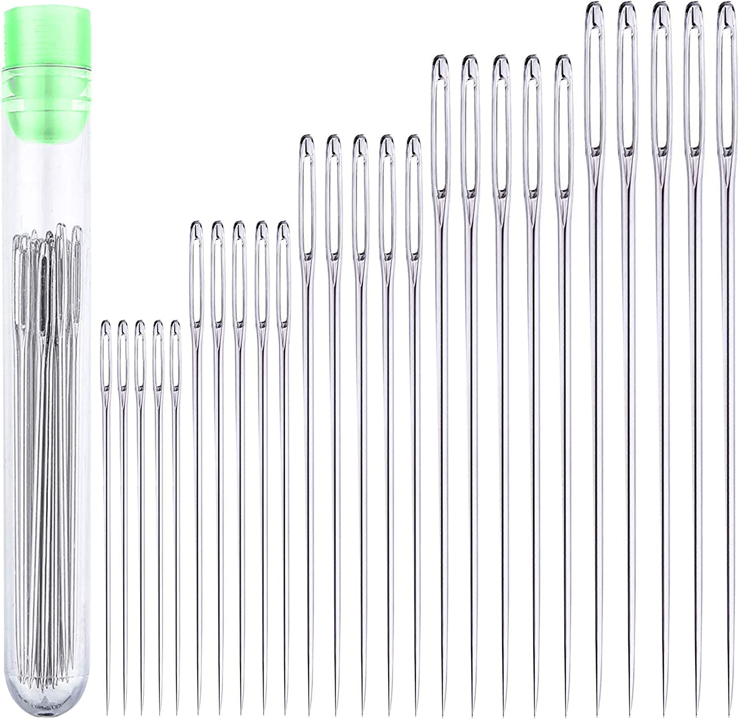 ViiTang Large Eye Needles,25 Pcs Large Eye Stitching Needles for Hand Sewing with 5 Different Sizes with Clear Storage Tube Stainless Steel Needles for Handicrafts, Sewn Needles (25 Pack)