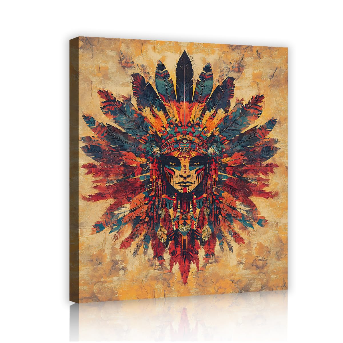 YUNART Wandkunst der amerikanischen Ureinwohner Vintage neutrale Federleinwand Stammesthema Malplakat für Wohnzimmer Schlafzimmer Wohndeko 80x105cm Innenrahmen