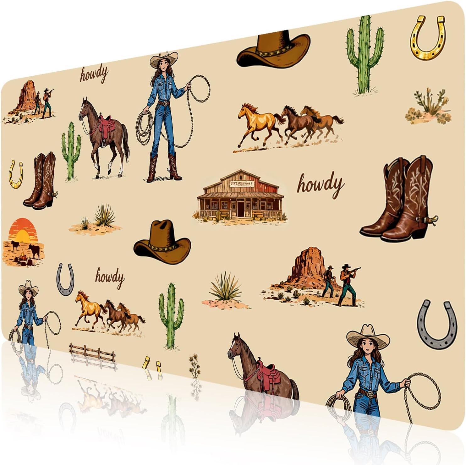 Retro West Cowgirl Office Desk Mat 23.6''X11.8''Stylish Farm Pattern Desktop Mat Pu Leather Large Mouse Pad Aesthetic Mousepad Non-Slip Table Mat for Girls Women Home Work Computer Game