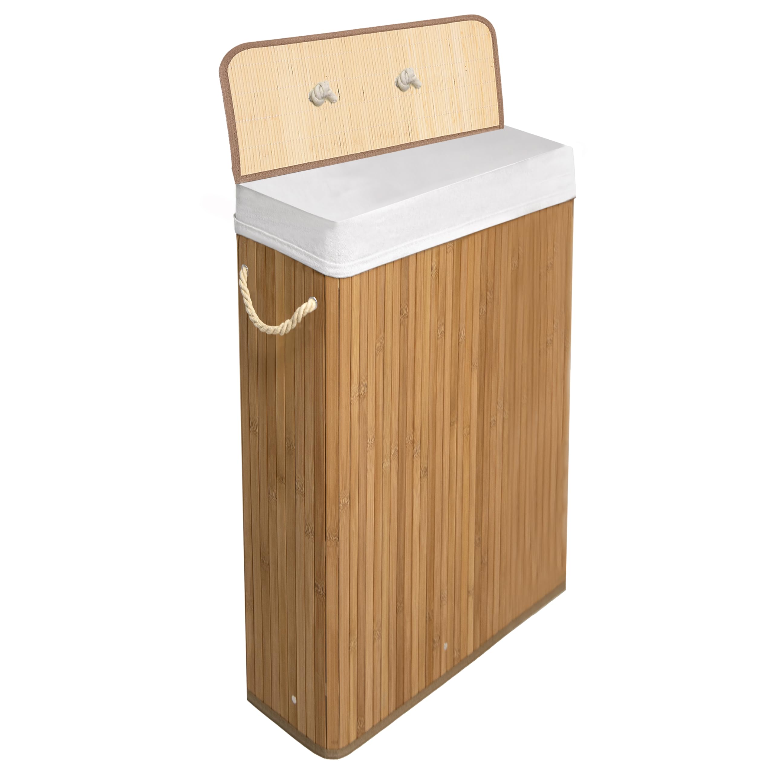 KNIGHT Bamboo Laundry Basket with Lid, 56L SLIM Laundry Hamper with Handles & Removeable Washable Lining, Easy Assemble Storage Bin 47x20x60 cm (Natural)