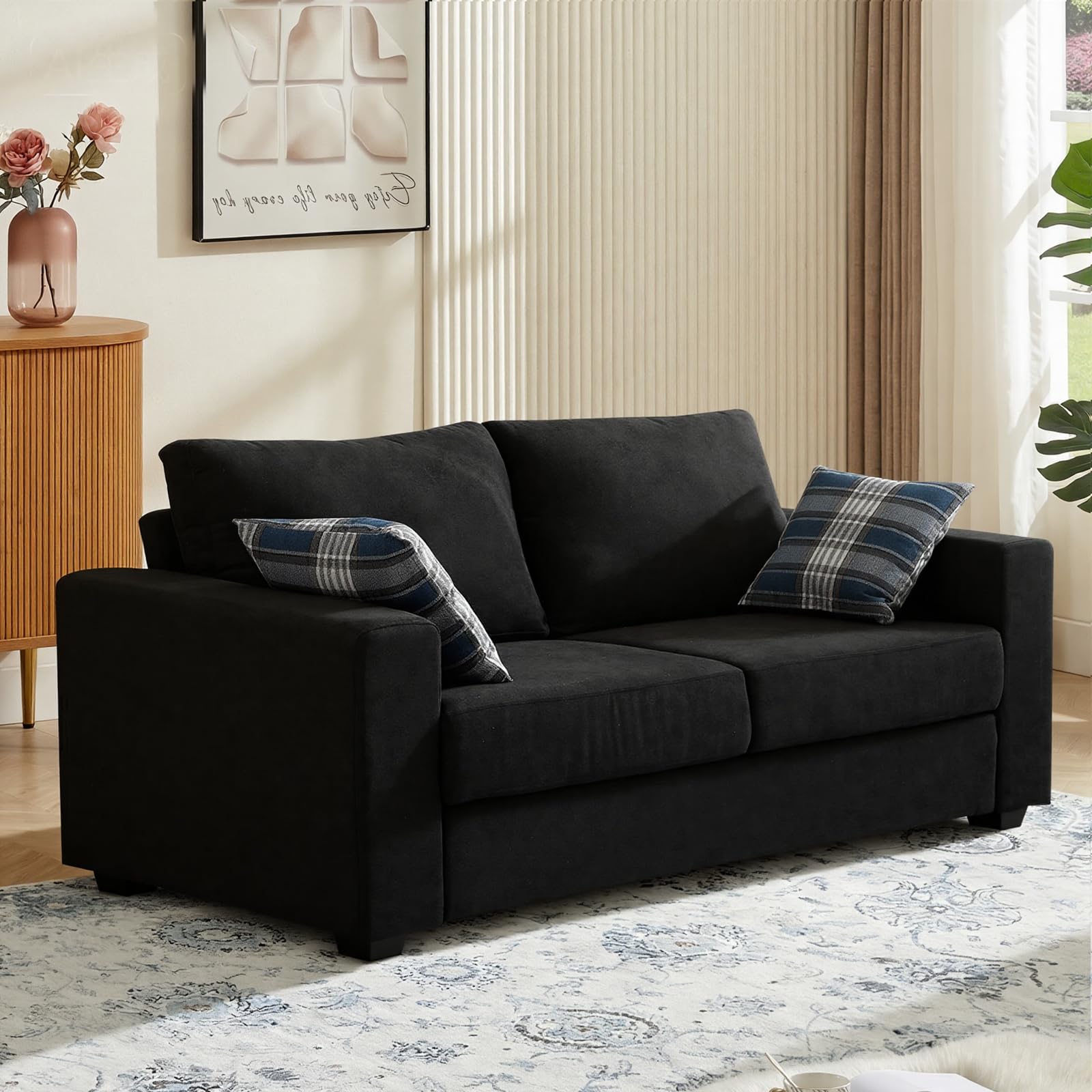 Panana Linen Fabric Sofa Mordern Corner Group Sofa Settee Couch Lounge Sofa Living Room Sofa with 2 Back Cushions, Removable & Washable Cushion Cover (Black, 3 Seater)