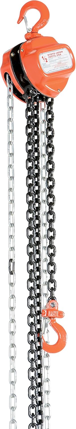 Vestil HCH-1-20 Hand Chain Hoist, Hook Mount, 1/2 Ton Capacity, 20' Standard Lift, 11" Headroom