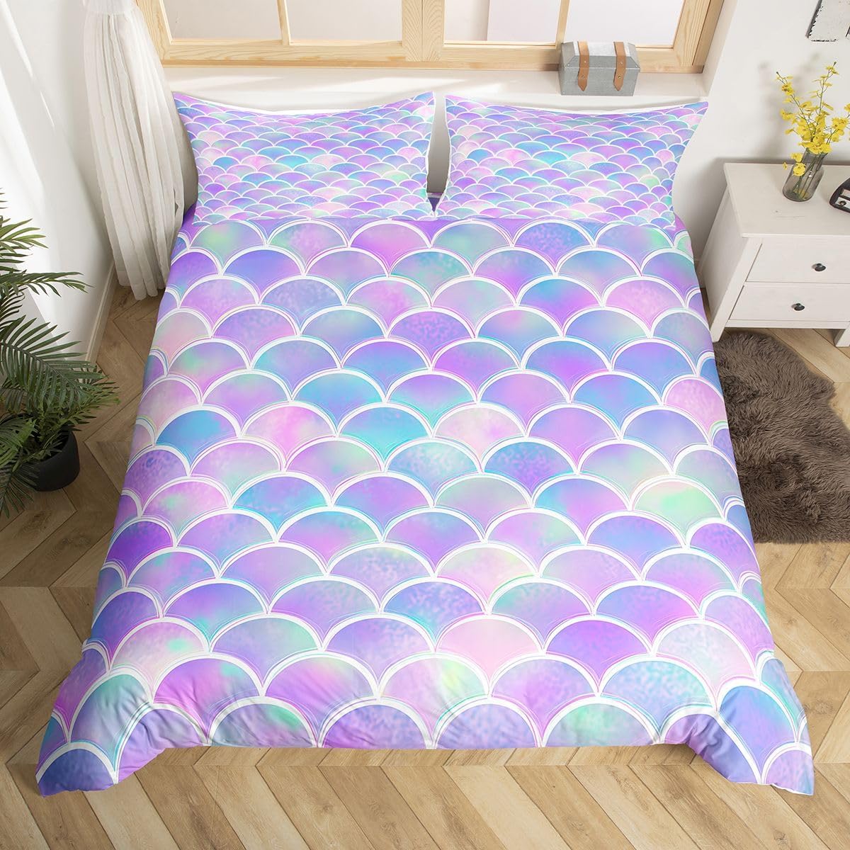 Feelyou Mermaid Fish Scales Duvet Cover Set Twin for Kids Girls Purple Green Fish Scales Bedding Set Lovely Soft Lightweight Microfiber Polyester Comforter Cover with 1 Pillow Shams, Zipper