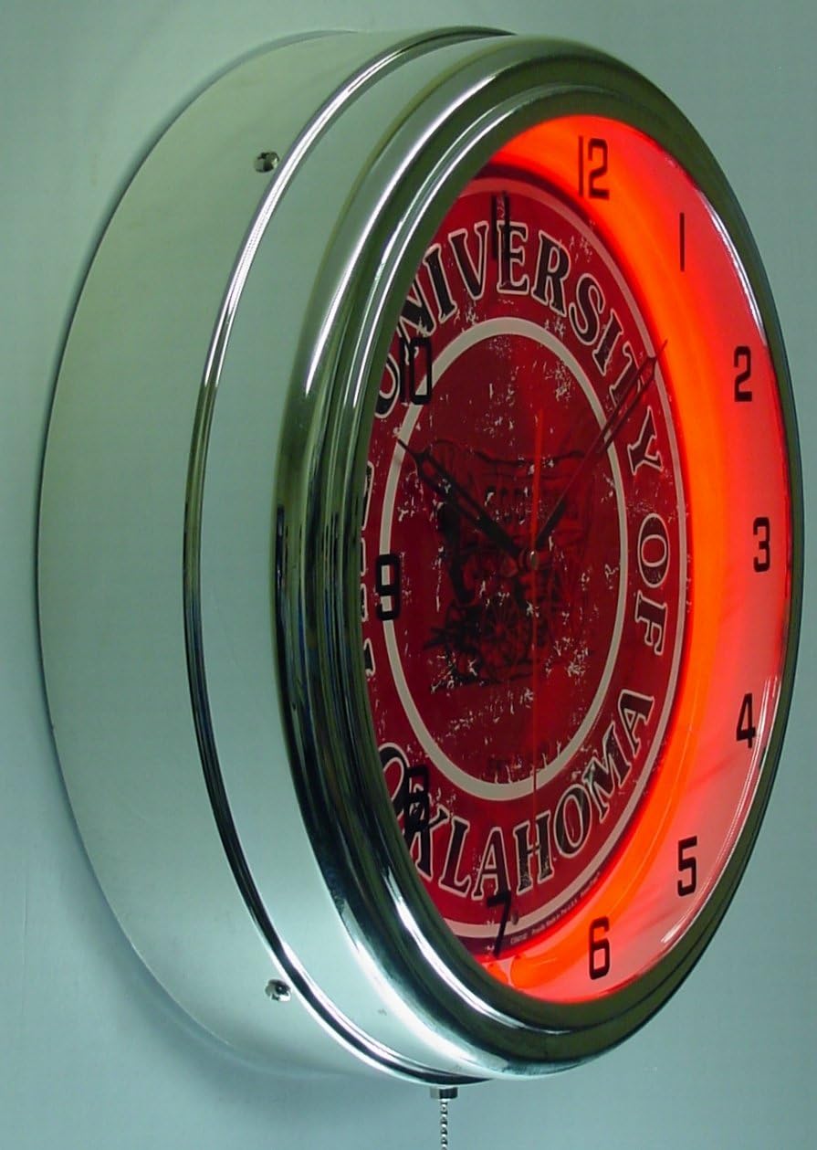 University of Oaklahoma Sooners Logo Sign Neon Lighted Wall Clock Chrome Red