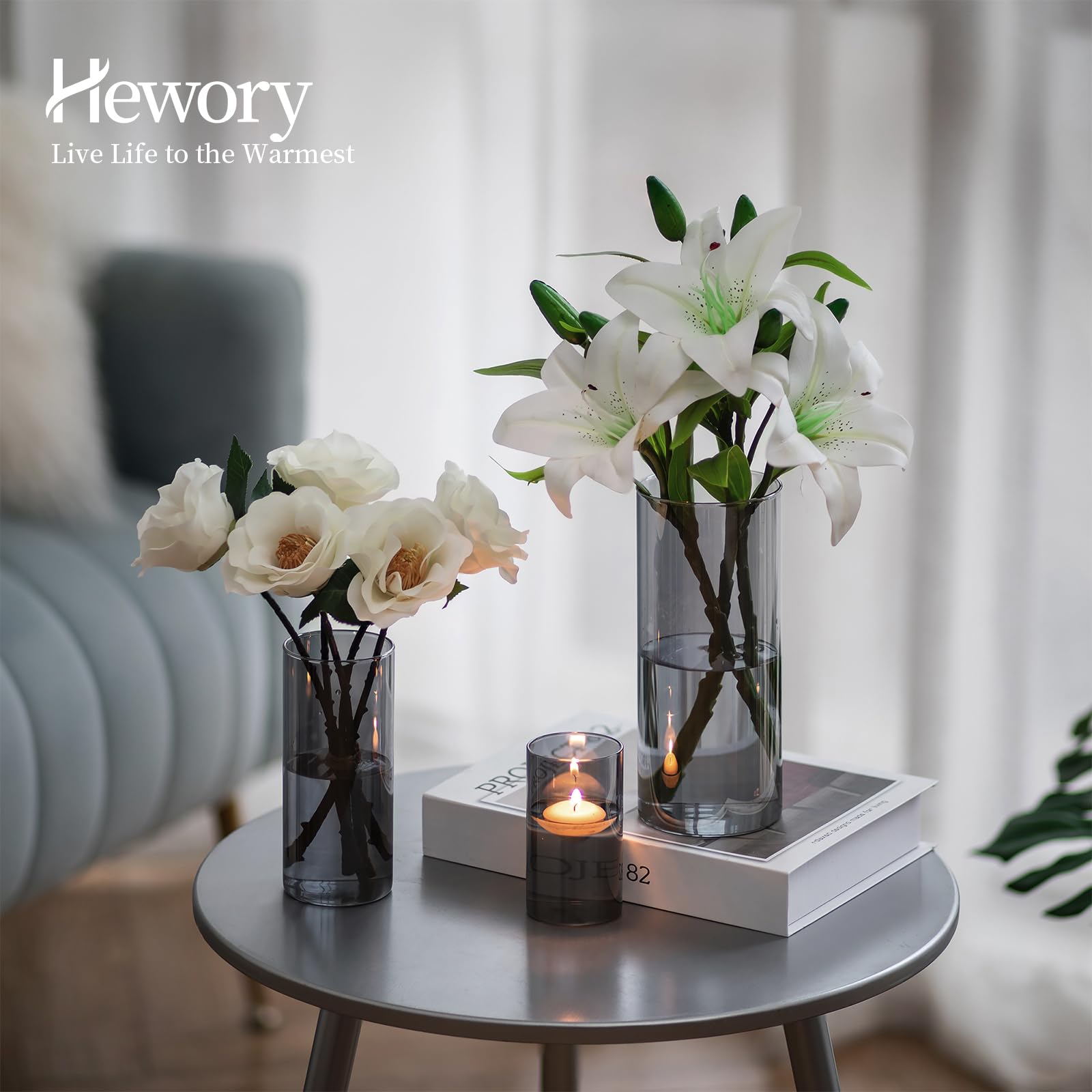 Hewory Glasvase 20cm Grau | Geripptes Design, Für Blumen & Deko, Modernes Wohnaccessoire