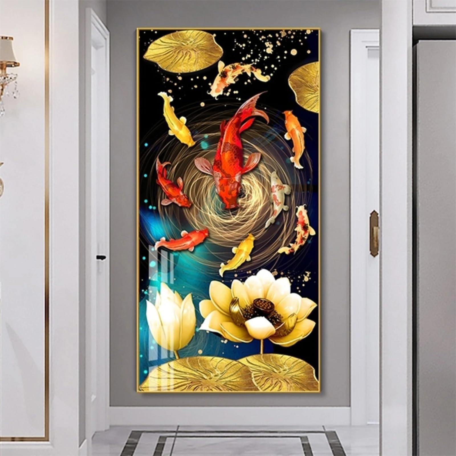 Amazon | ダイヤモンドアートキット, 金の蓮と魚 5Dダイヤモンド絵画