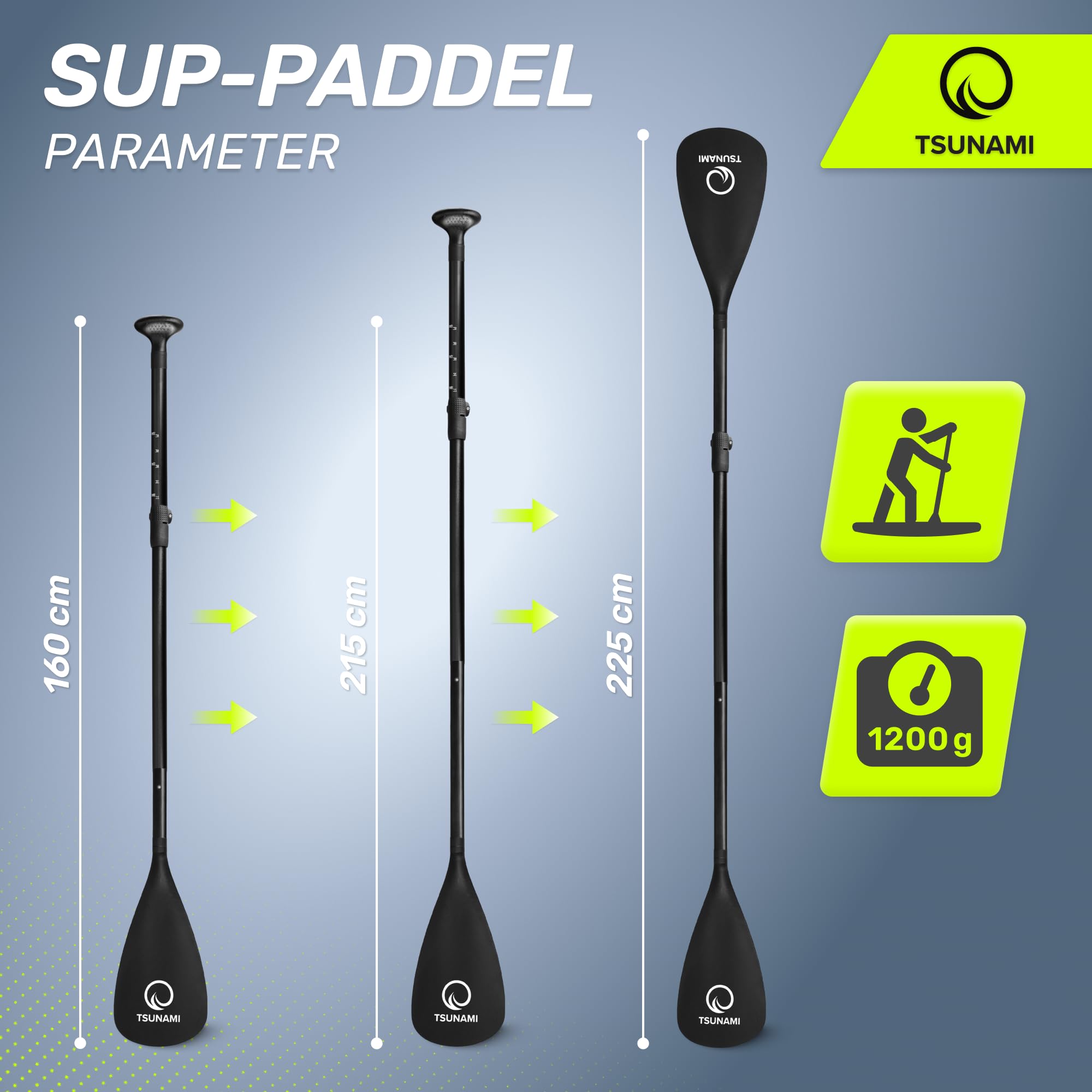 Tsunami Paddle 4-teilig für SUP Stand-Up Paddling Board, Doppelpaddel, Verstellbar Teleskop 160cm-225cm, Kunststoff, Rutschfester Griff, für Kajak, Dingy Boote, Paddelboard, Schlauchboot SUP