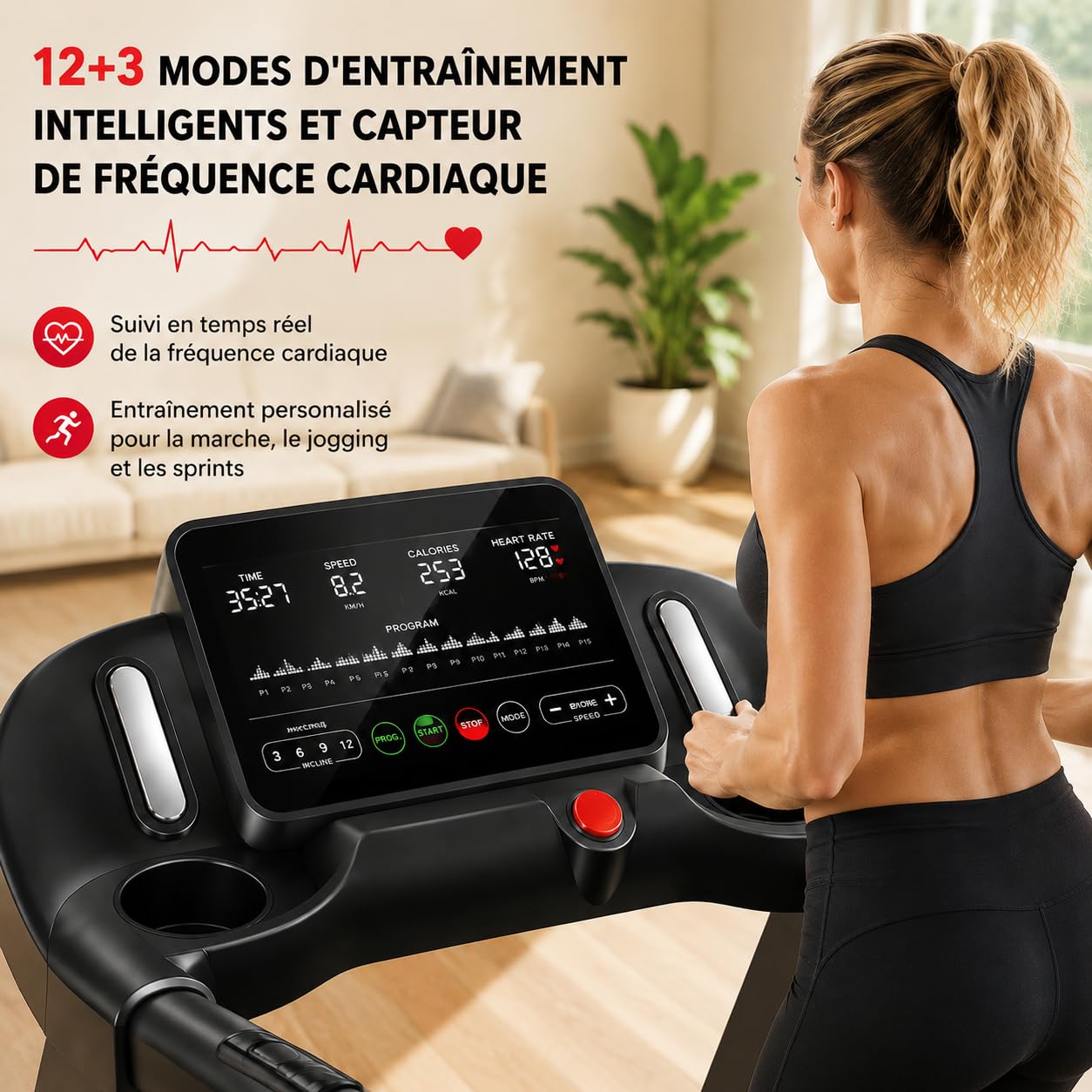 Cinta de correr plegable con inclinación al 15 %, motor sin escobillas de 3,0 HP, silencioso <45 dB, 12 + 3 programas inteligentes, amortiguación de 7 capas, sensores cardiovasculares, ahorra