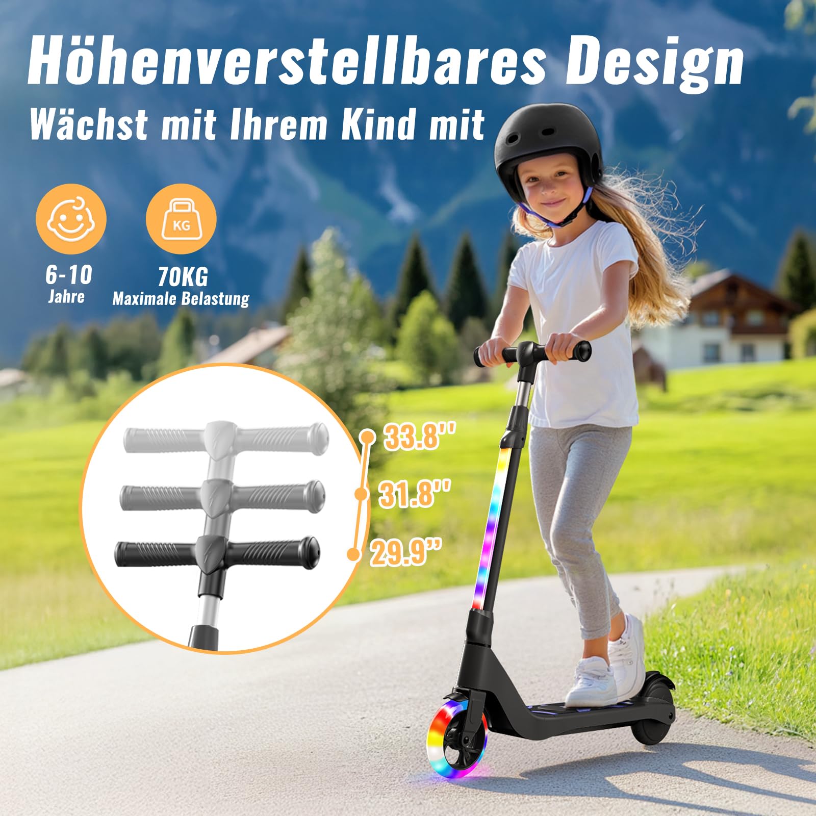 TST E - Patinete eléctrico para niños de 6 a 10 años, 5.3", con Luces LED Intermitentes y 3 Alturas Regulables, Motor de 45 W, Carga máxima de 70 kg, para niños de 6 a 10 años