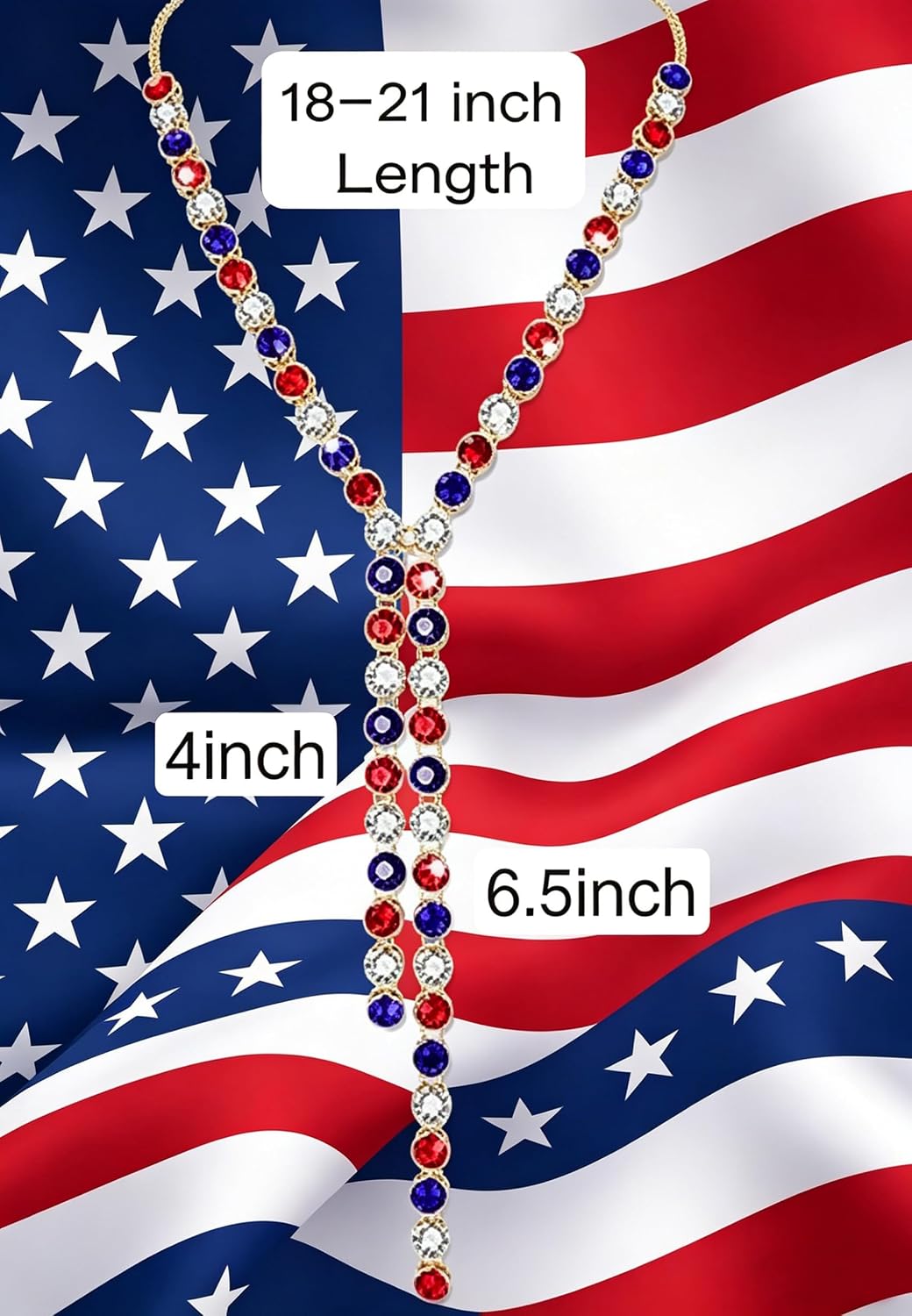 HEIDKRUEGER Independent Day Necklace Red White Blue Crystal Necklace Long Y Necklace for Women Girls 4th of July Necklace Patriotic Parade Favors Decorations Crystal Jewelry Collection
