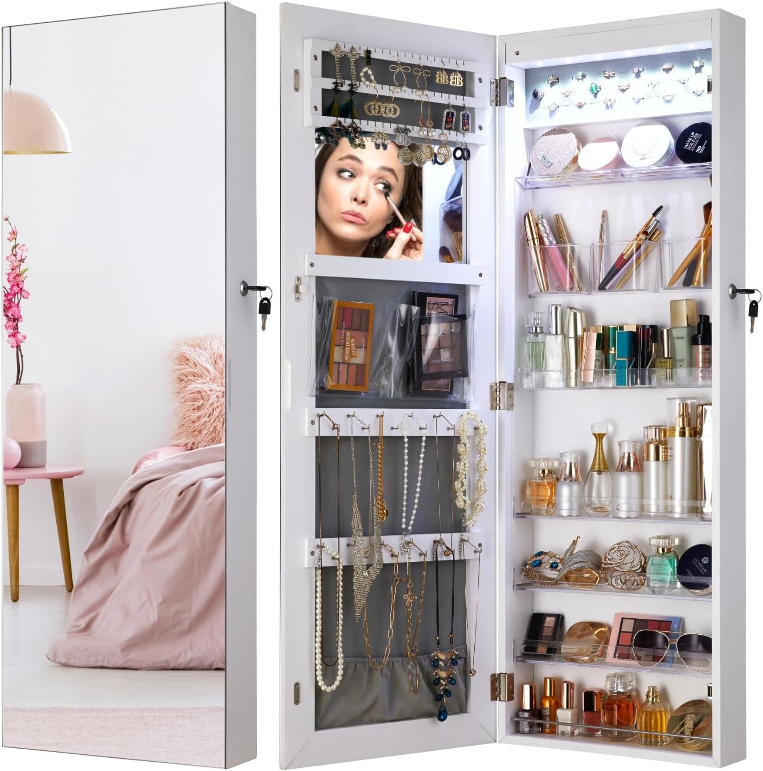 YOKUKINA LED Mirror Jewelry Armoire Wall & Door Mounted - Full Length Jewelry Cabinet With Large Lockable Organizers and Storage (White)