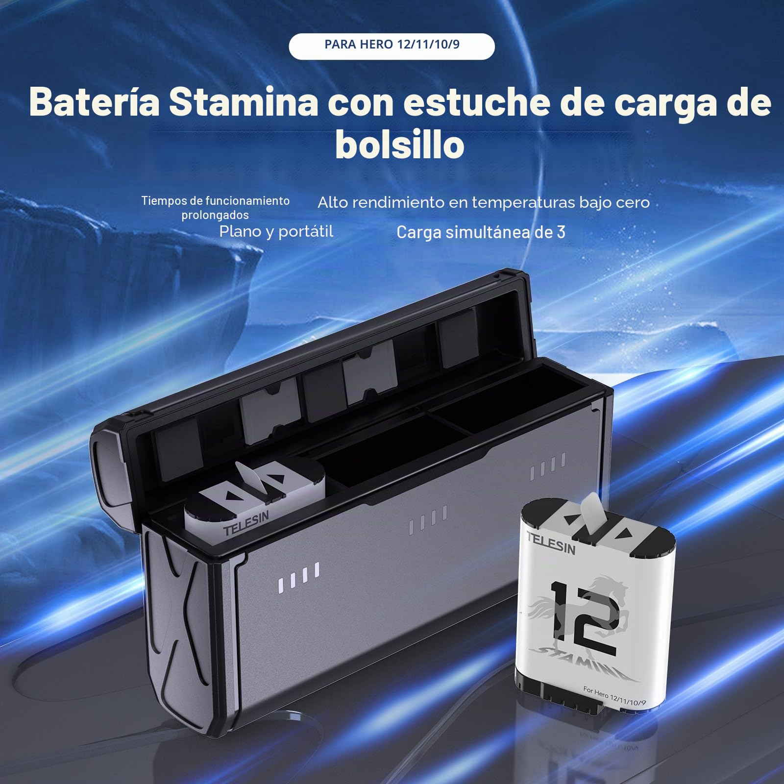 TELESIN Pack de 2 Baterías Enduro y Cargador de Batería de 3 Ranuras para Go Pro Hero 12 11 10 9, Batería Adecuada para Bajas Temperaturas, Cargador de Bolsillo, Carga Rápida, Accesorios