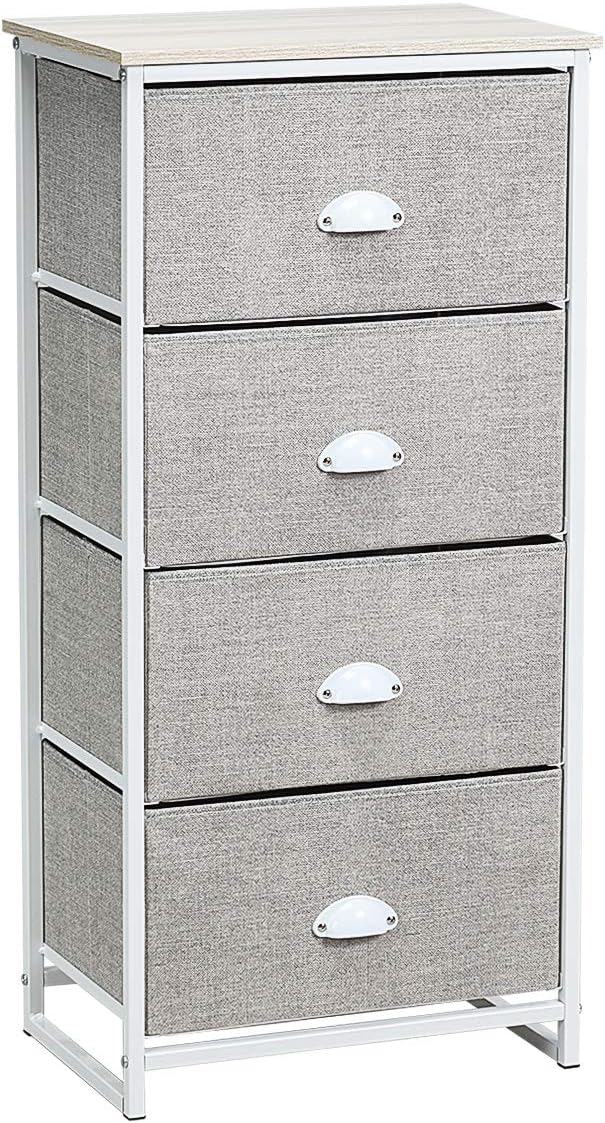 Giantex Dresser Storage Tower Nightstand W/Fabric Drawers, Sturdy Steel Frame and Wood Top Organizer Unit for Bedroom, Living Room, Entryway,Closets End Table Storage Unit (37’’(H), White)