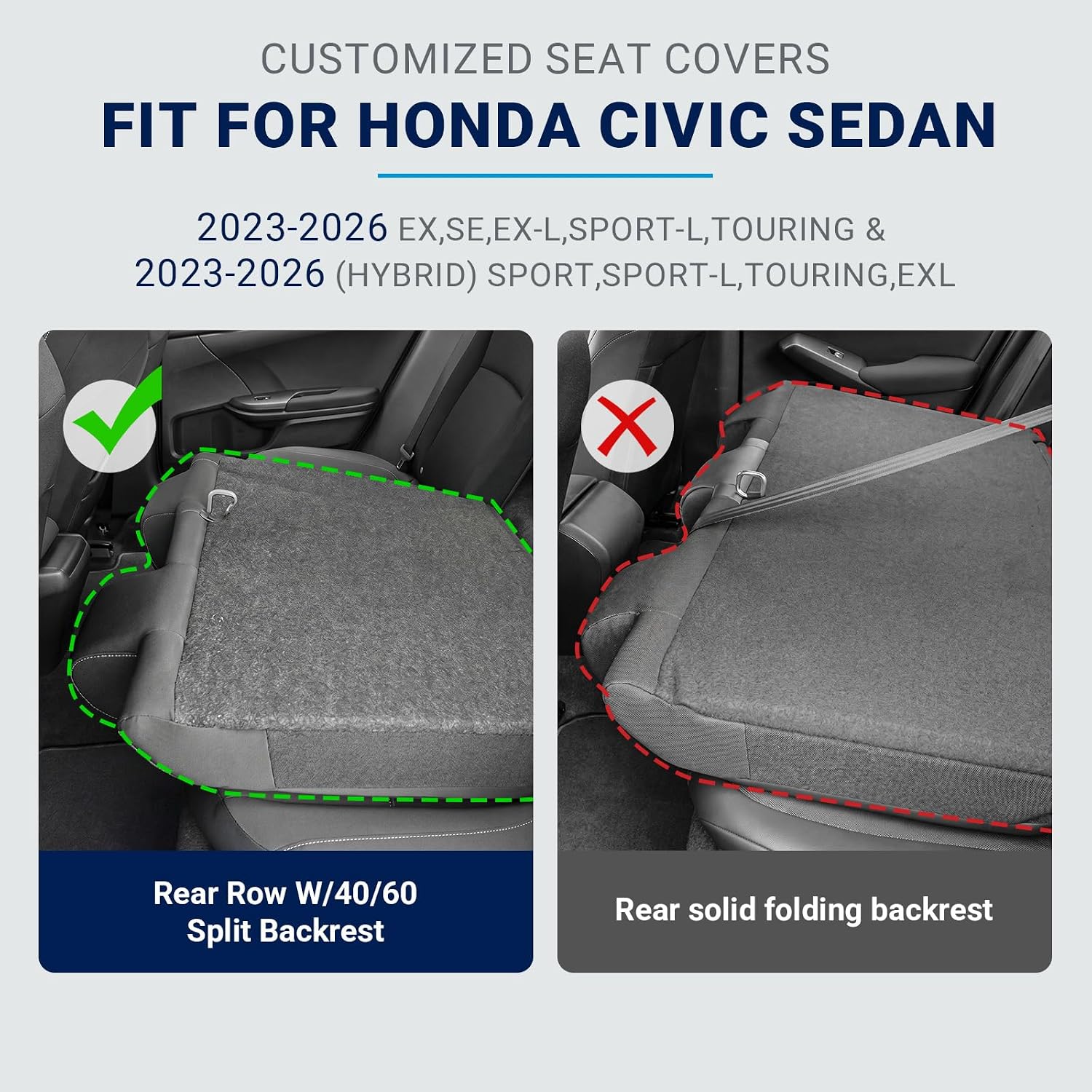 Custom for Honda Accord Seat Covers 2023 2024 2025 2026 EX,SE,EX-L,Sport-L,Touring & 2023-2026 (Hybrid) Sport,Touring,EXL,Sport-L, (Rear Row W/40/60 Split Backrest) - Black