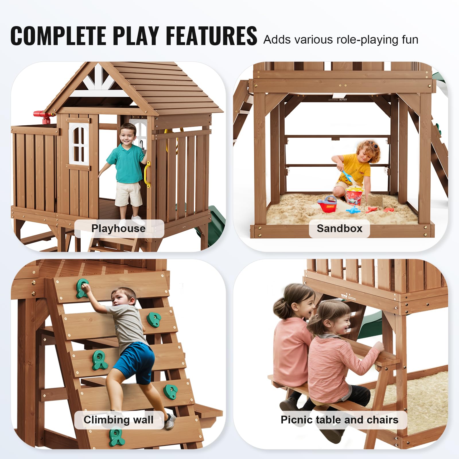 VEVOR Casetta da Gioco per Bambini da Esterno in Legno (Grigio, 2,32P x 3,1l x 2,69H metri)