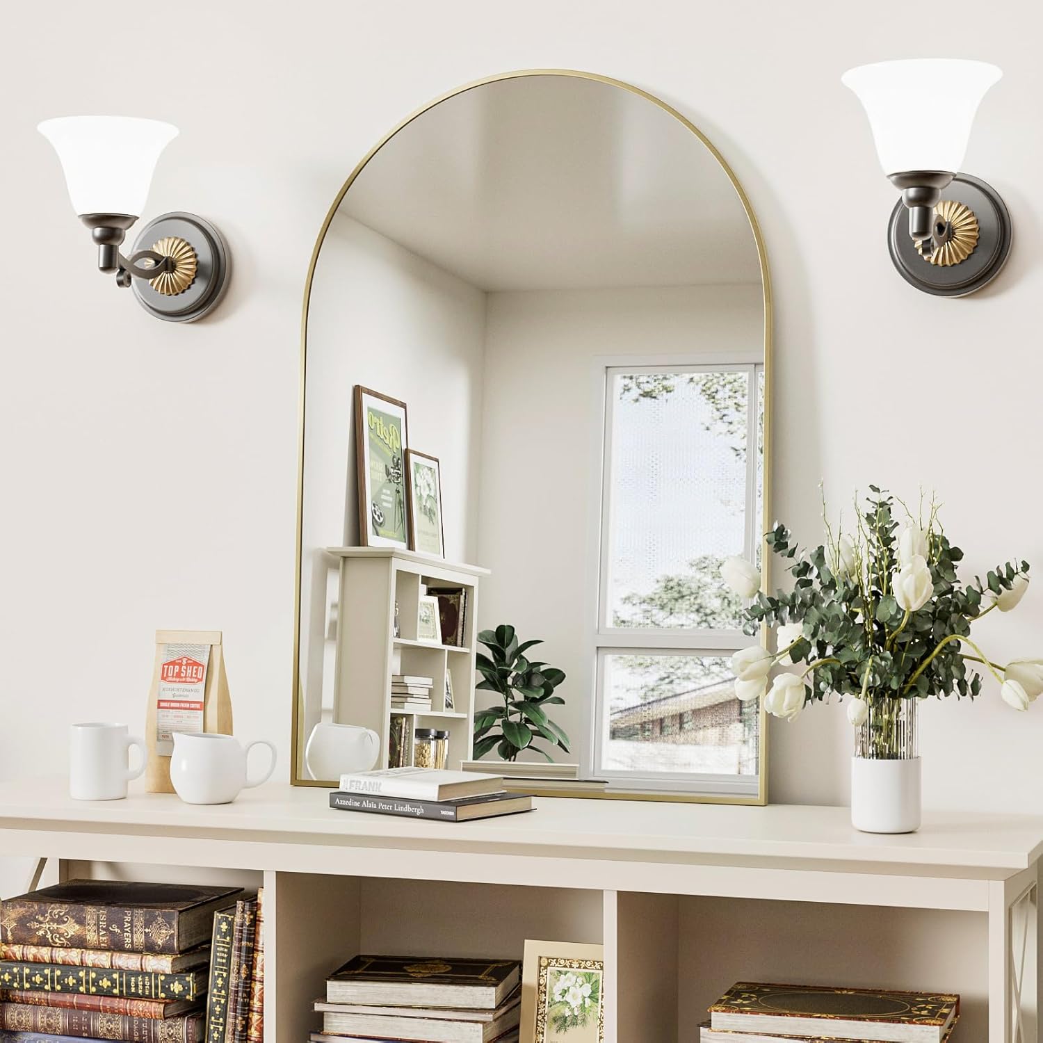 Gold Arched Bathroom Mirror for Wall-36"X24" Wall Mirror for Living Room, Bedroom, Bathroom, Dressing Room Hanging Vanity Mirror for Wall Decoration