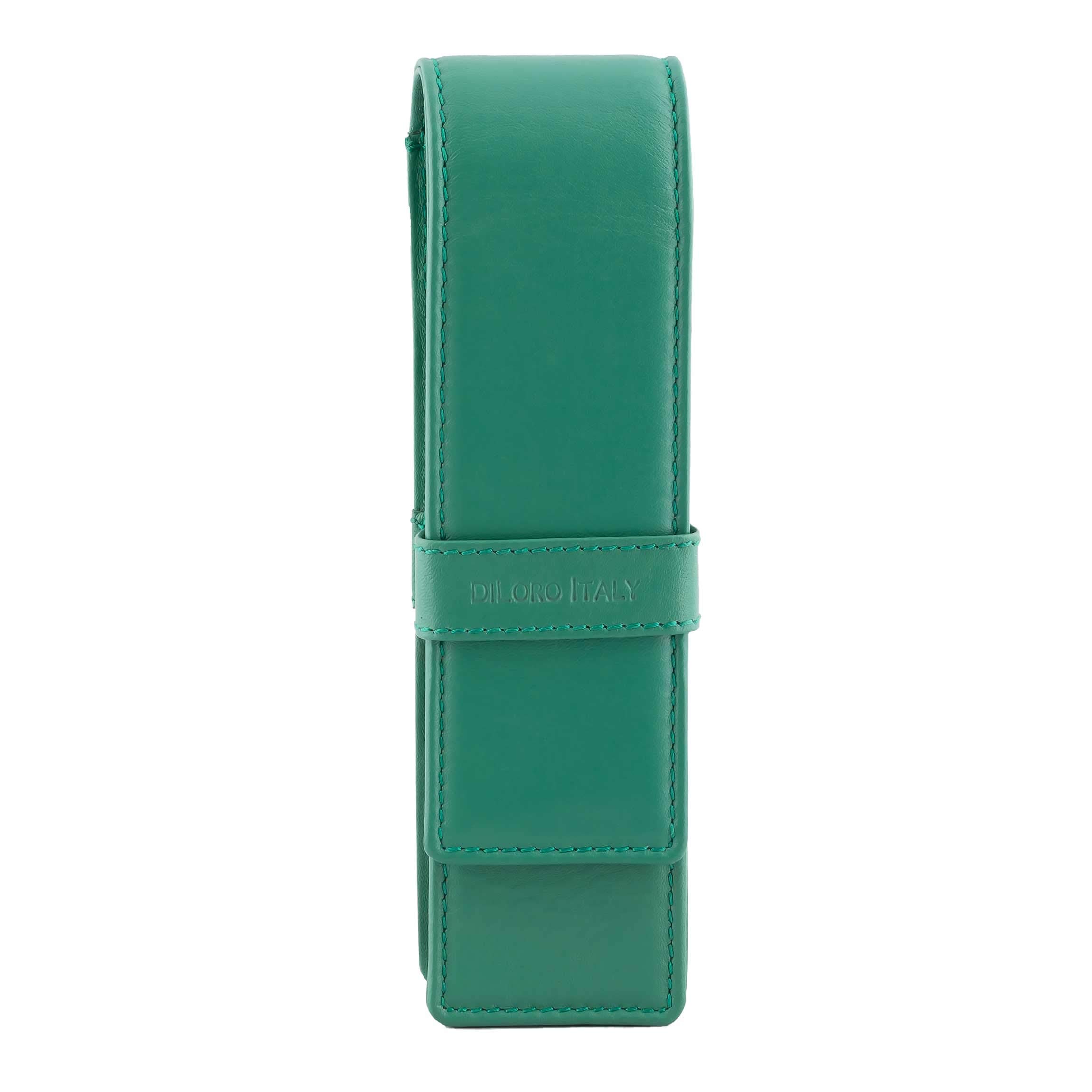 DiLoro Leather Double Pen Case Pencil Pouch Holder for Two Fountain Ballpoint Rollerball Pens and Pencils (Light Green)